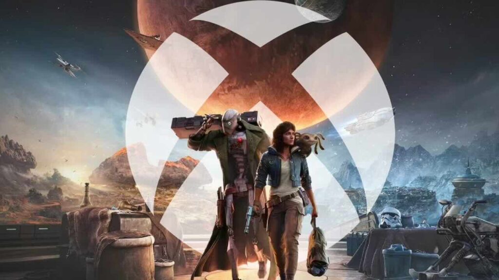 I protagonisti di Star Wars Outlaws con il logo di Xbox sullo sfondo