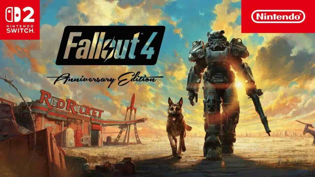 Il protagonista con il suo cane di Fallout 4: Anniversary Edition con il logo di Nintendo Switch 2