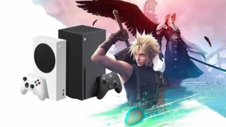 Cloud e Sephirot di Final Fantasy 7 Rebirth con al fianco una Xbox Series X e Series S