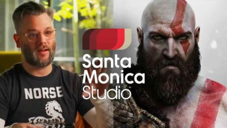 Cory Barlog con al fianco il logo di Santa Monica e Kratos di God of War