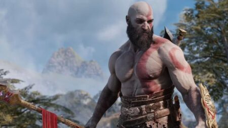 Kratos di God of War con la lancia in mano