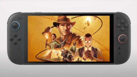 I personaggi principali di Indiana Jones e L'antico Cerchio nello schermo di Nintendo Switch 2