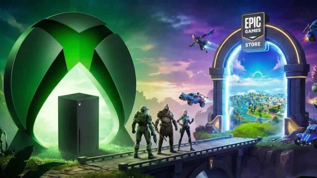 Il logo di Xbox con una Xbox Series X ed il logo dell'Epic Games Store