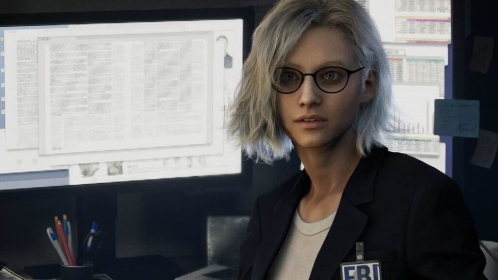 Grace di Resident Evil Requiem con dietro dei monitor