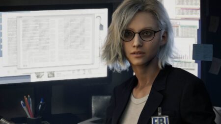 Grace di Resident Evil Requiem con dietro dei monitor