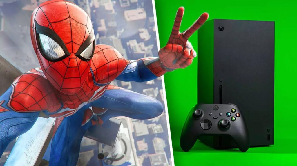Peter Parker di Marvel's Spider-Man con al fianco una Xbox Series X