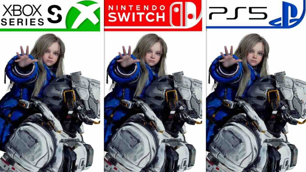 I protagonisti di Pragmata con i loghi di Xbox Series S e Nintendo Switch 2 e PS5