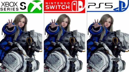 I protagonisti di Pragmata con i loghi di Xbox Series S e Nintendo Switch 2 e PS5