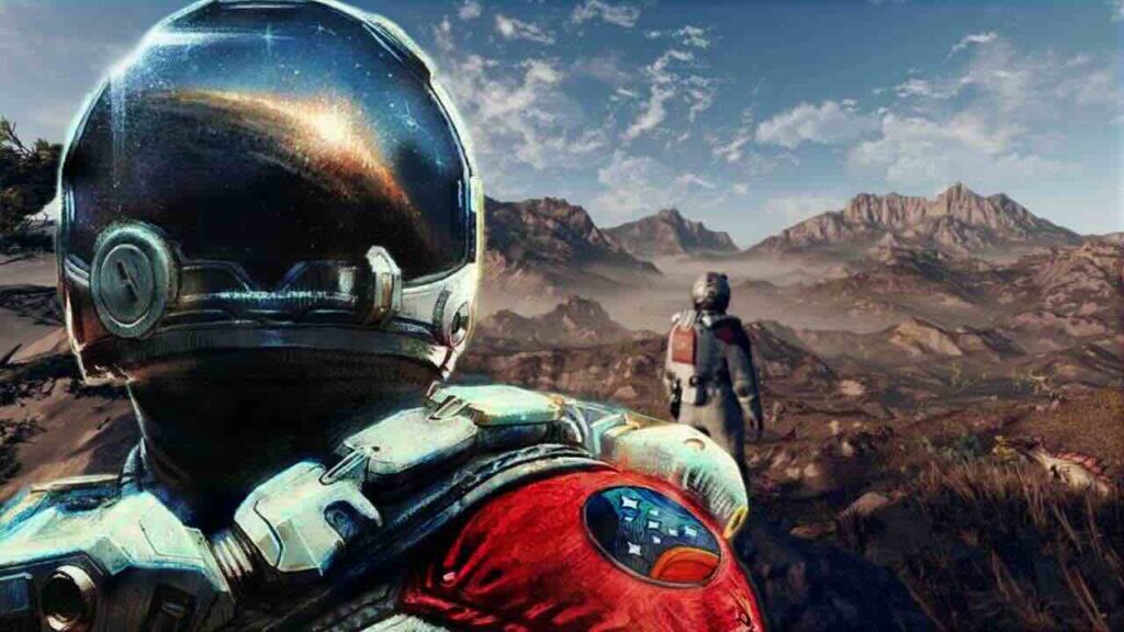 Il protagonista di Starfield con un paesaggio sullo sfondo