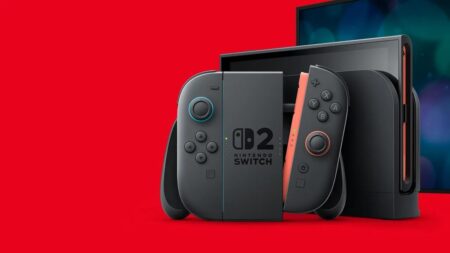 Un Nintendo Switch 2 con dietro un TV