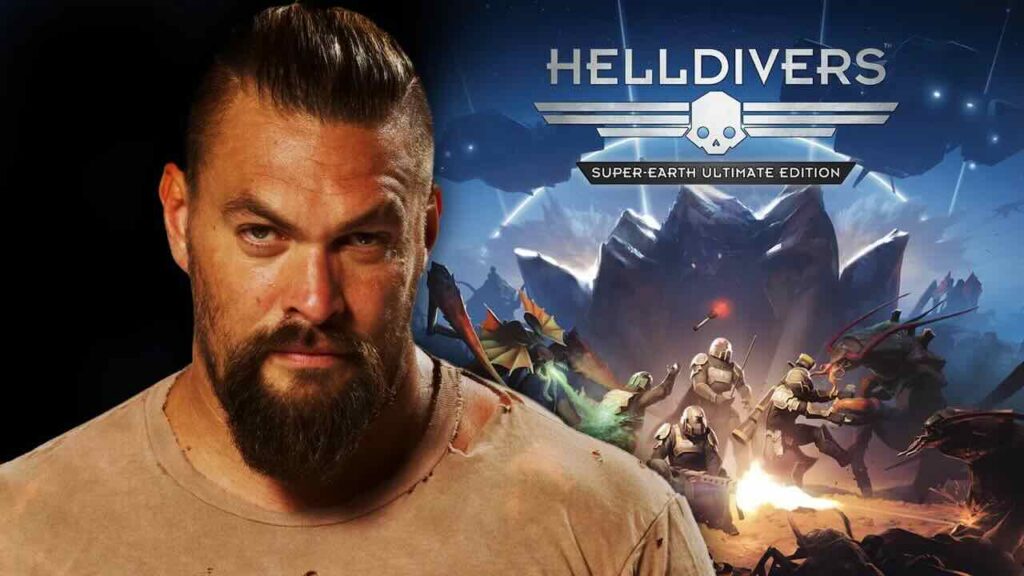 Jason Momoa con al fianco i personaggi di Helldivers 2