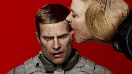 Un personaggio di Wolfenstein mentre viene leccato da una donna
